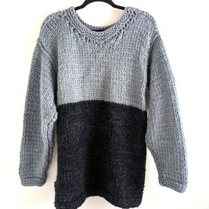 HANDKNIT Big Chunky Grey & Black Tunic Sweater L / XL